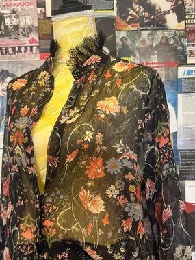 Sheer Black Floral Button-Up Blouse with Lace Collar